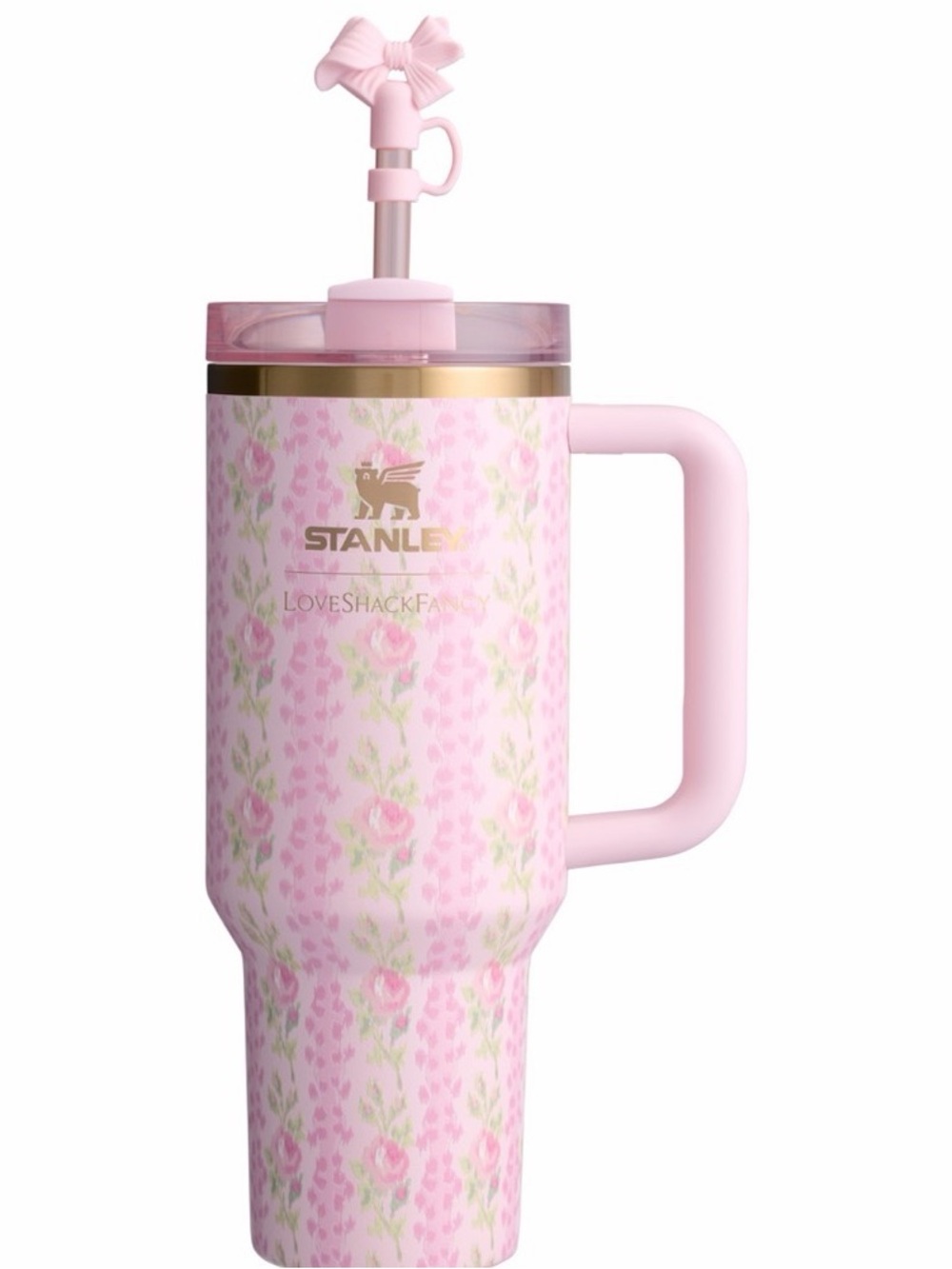 Stanley Love Shack Fancy Pink Floral Travel Tumbler with Gold Accent and Straw